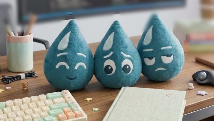 Three plush Flo drops on a desk, one happy, one worried and one unimpressed.