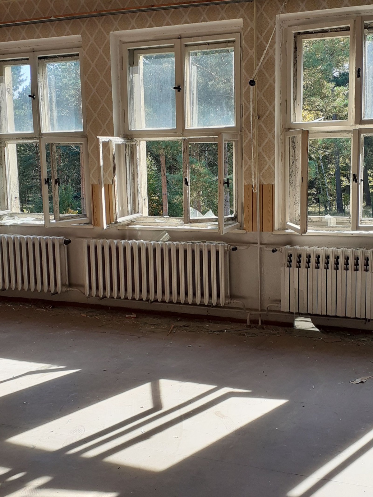 An empty room with column radiators and tall windows, sunlight on a bare floor